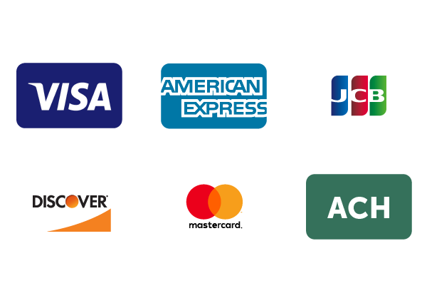 Accepted payment methods including Visa, American Express, JCB, Discover, Mastercard and ACH.